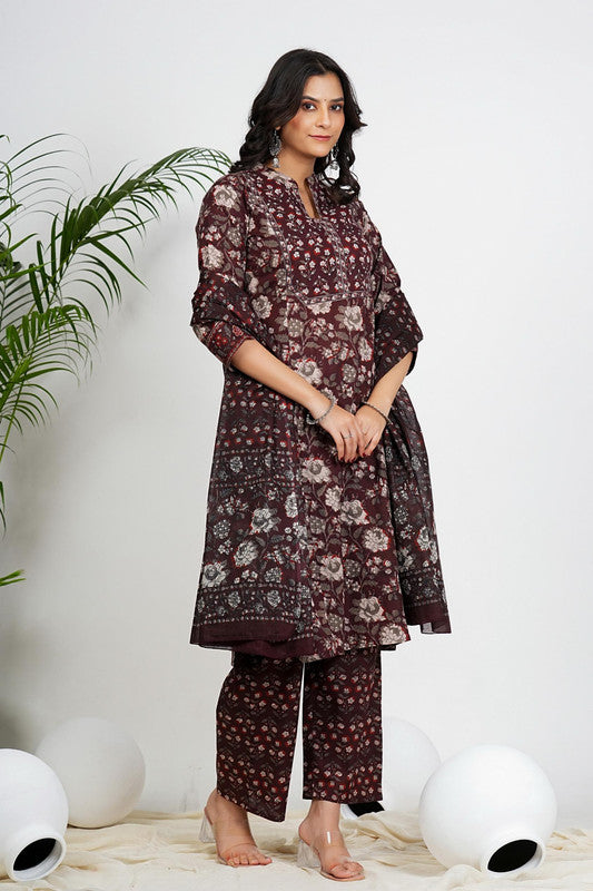 Maroon Floral Print Straight Cotton Kurta Set