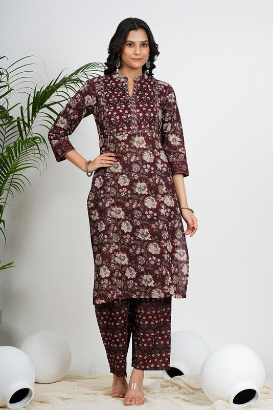 Maroon Floral Print Straight Cotton Kurta Set