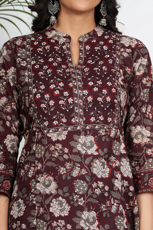 Maroon Floral Print Straight Cotton Kurta Set