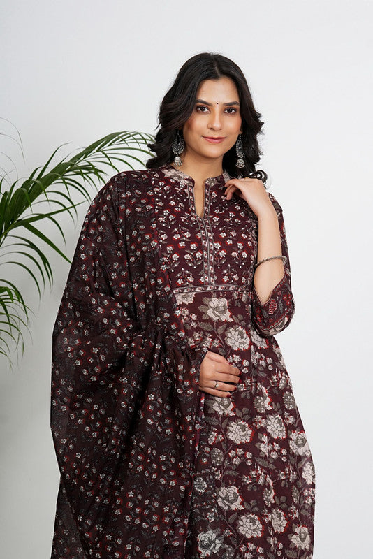 Maroon Floral Print Straight Cotton Kurta Set