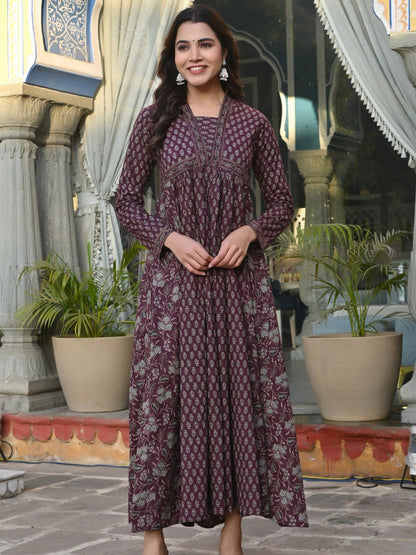 Wine Floral Printed Anarkali Cotton Stitched Dress