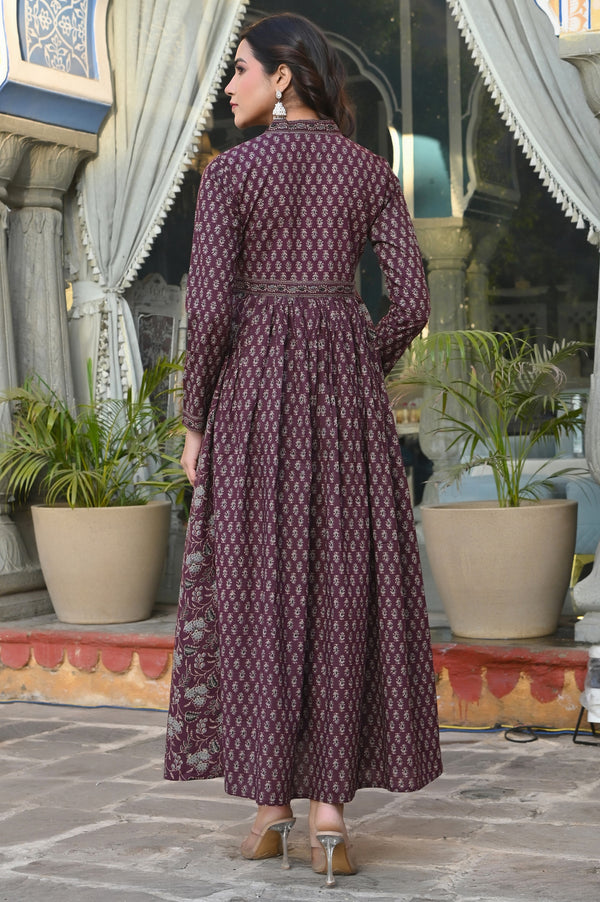 Wine Floral Printed Anarkali Cotton Stitched Dress