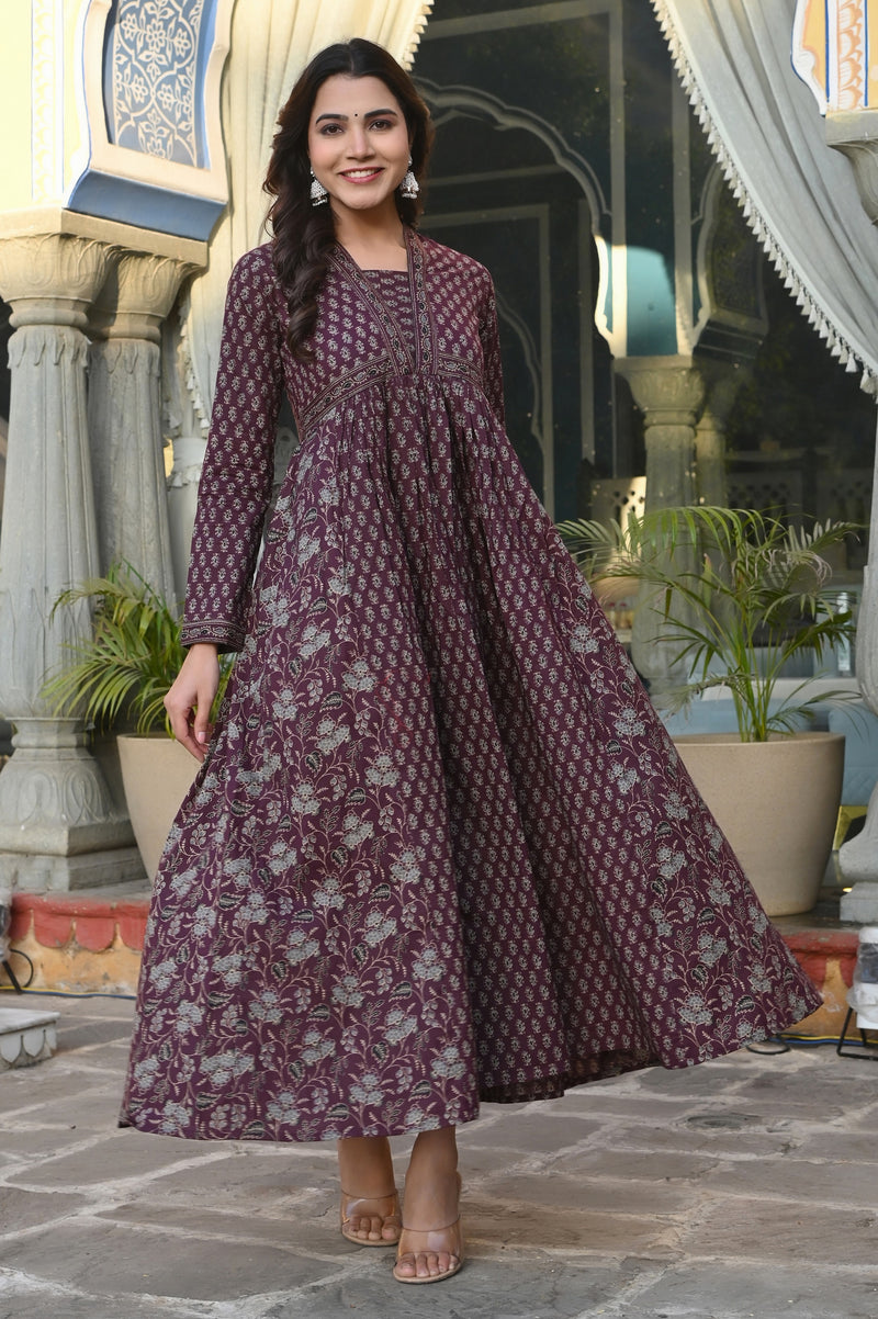 Wine Floral Printed Anarkali Cotton Stitched Dress