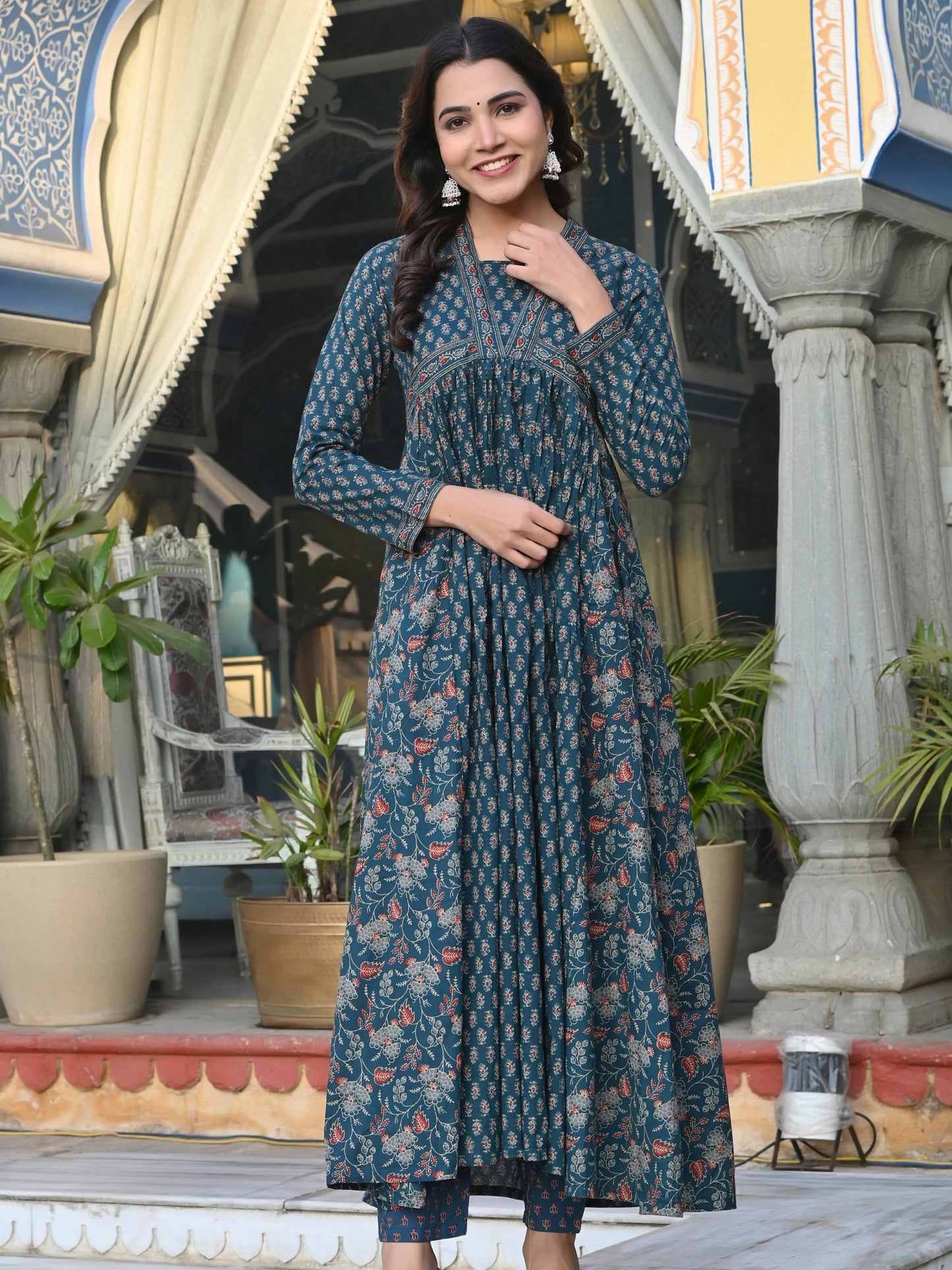 Aqua Floral Printed Anarkali Cotton Stitched Dress