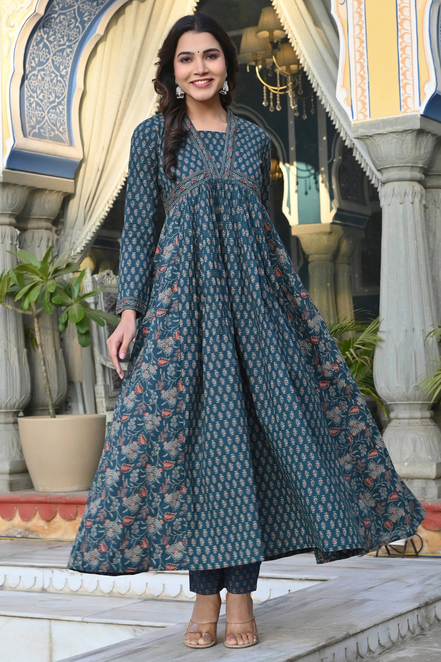 Aqua Floral Printed Anarkali Cotton Stitched Dress