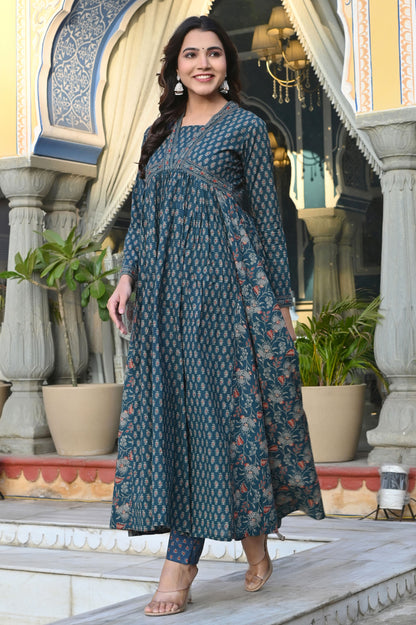 Aqua Floral Printed Anarkali Cotton Stitched Dress