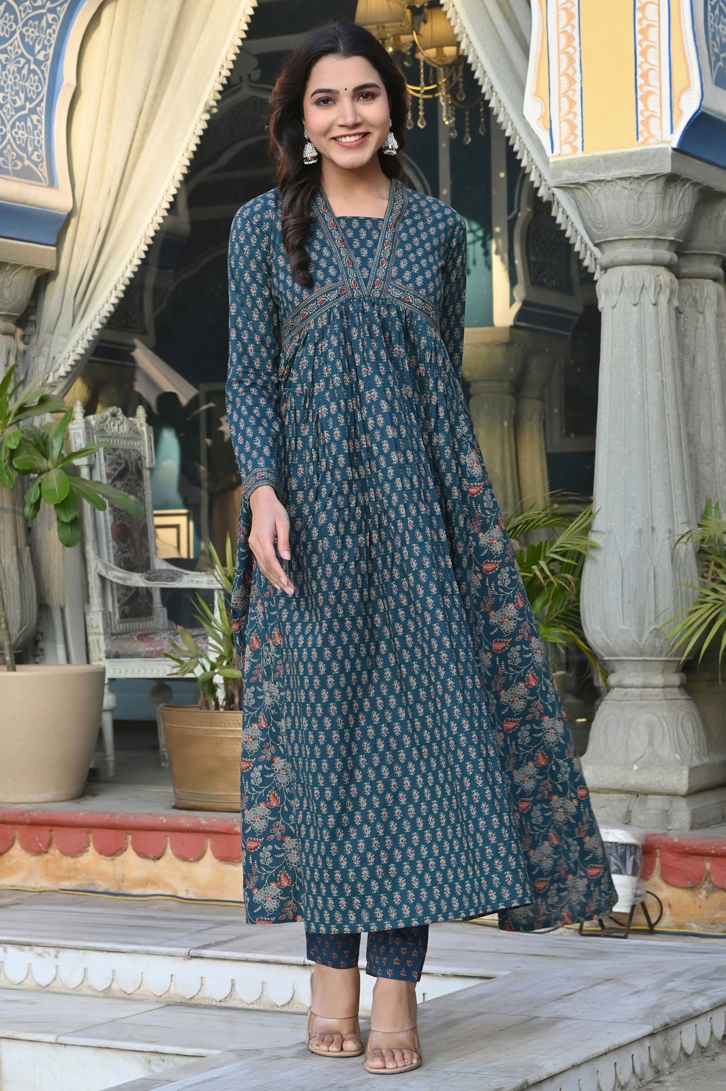 Aqua Floral Printed Anarkali Cotton Stitched Dress