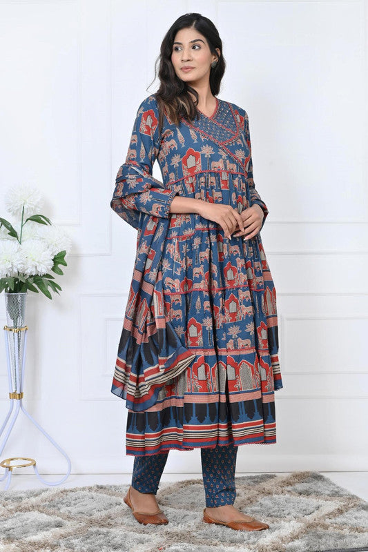 Blue Animal Print With Sequence Work Anarkali Cotton Kurta Set