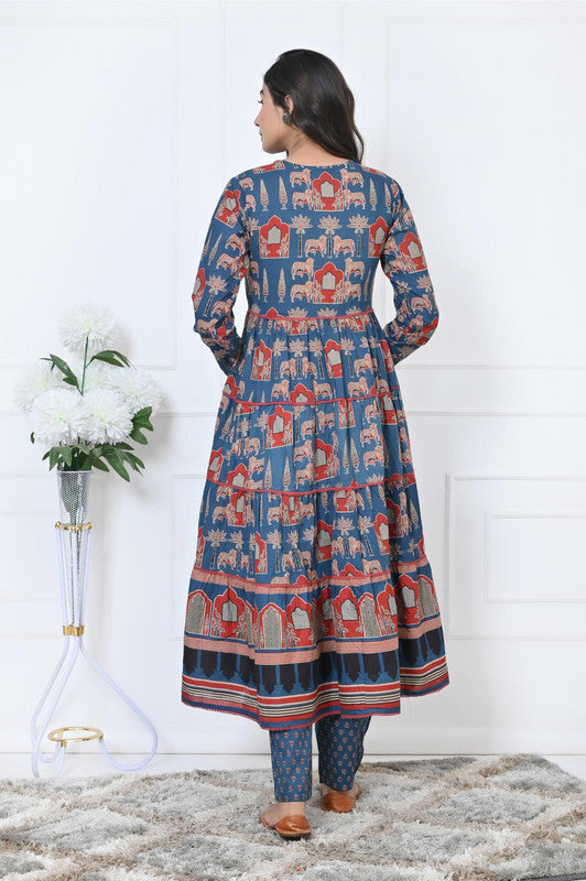 Blue Animal Print With Sequence Work Anarkali Cotton Kurta Set