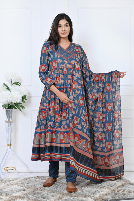 Blue Animal Print With Sequence Work Anarkali Cotton Kurta Set