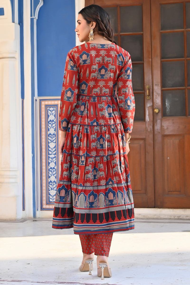 Maroon Animal Print With Sequence Work Anarkali Cotton Stitched Kurta Set