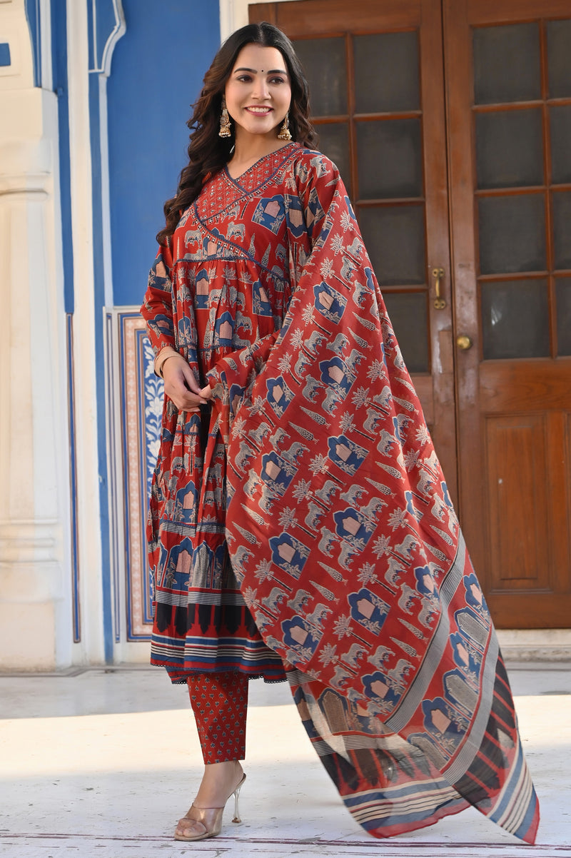 Maroon Animal Print With Sequence Work Anarkali Cotton Stitched Kurta Set