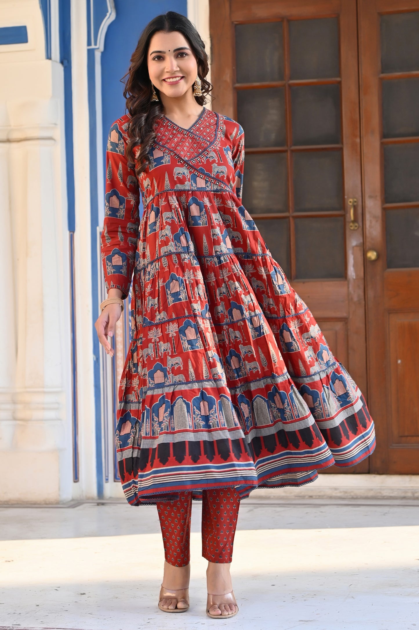 Maroon Animal Print With Sequence Work Anarkali Cotton Stitched Kurta Set