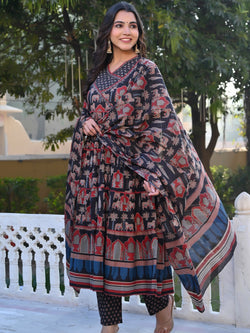 Black Animal Print With Sequence Work Anarkali Cotton Stitched Kurta Set