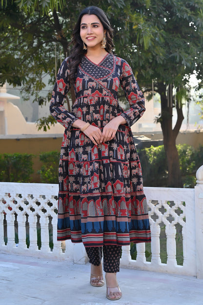 Black Animal Print With Sequence Work Anarkali Cotton Stitched Kurta Set