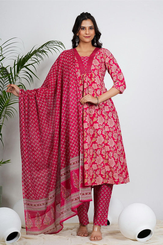 Pink Floral Print Anarkali Cotton Stitched Kurta Set