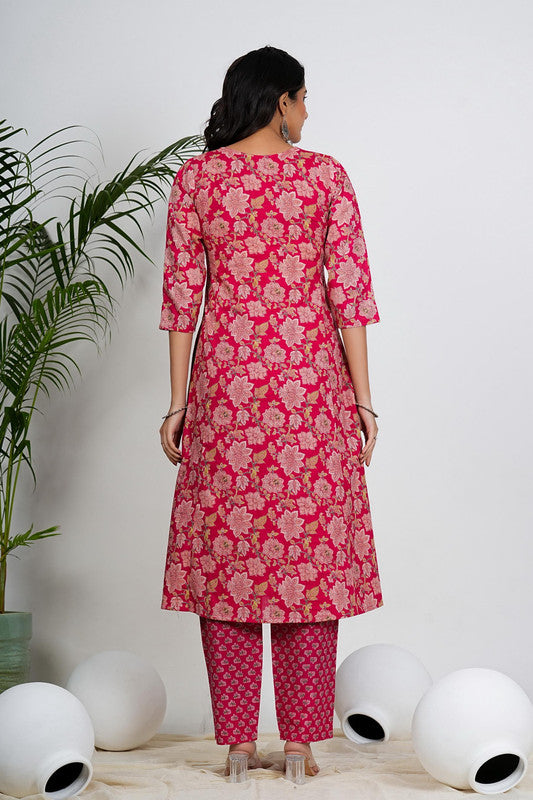 Pink Floral Print Anarkali Cotton Stitched Kurta Set