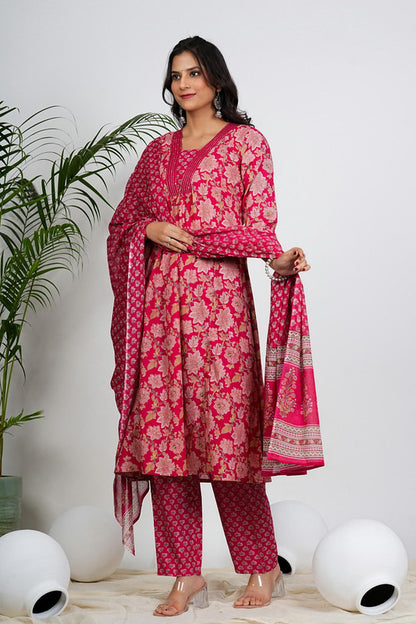 Pink Floral Print Anarkali Cotton Stitched Kurta Set