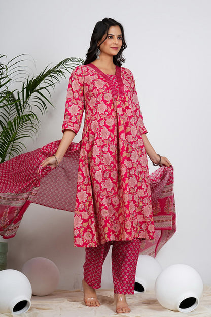 Pink Floral Print Anarkali Cotton Stitched Kurta Set