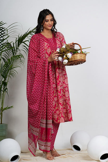 Pink Floral Print Anarkali Cotton Stitched Kurta Set