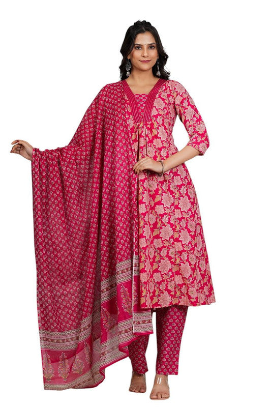 Pink Floral Print Anarkali Cotton Stitched Kurta Set