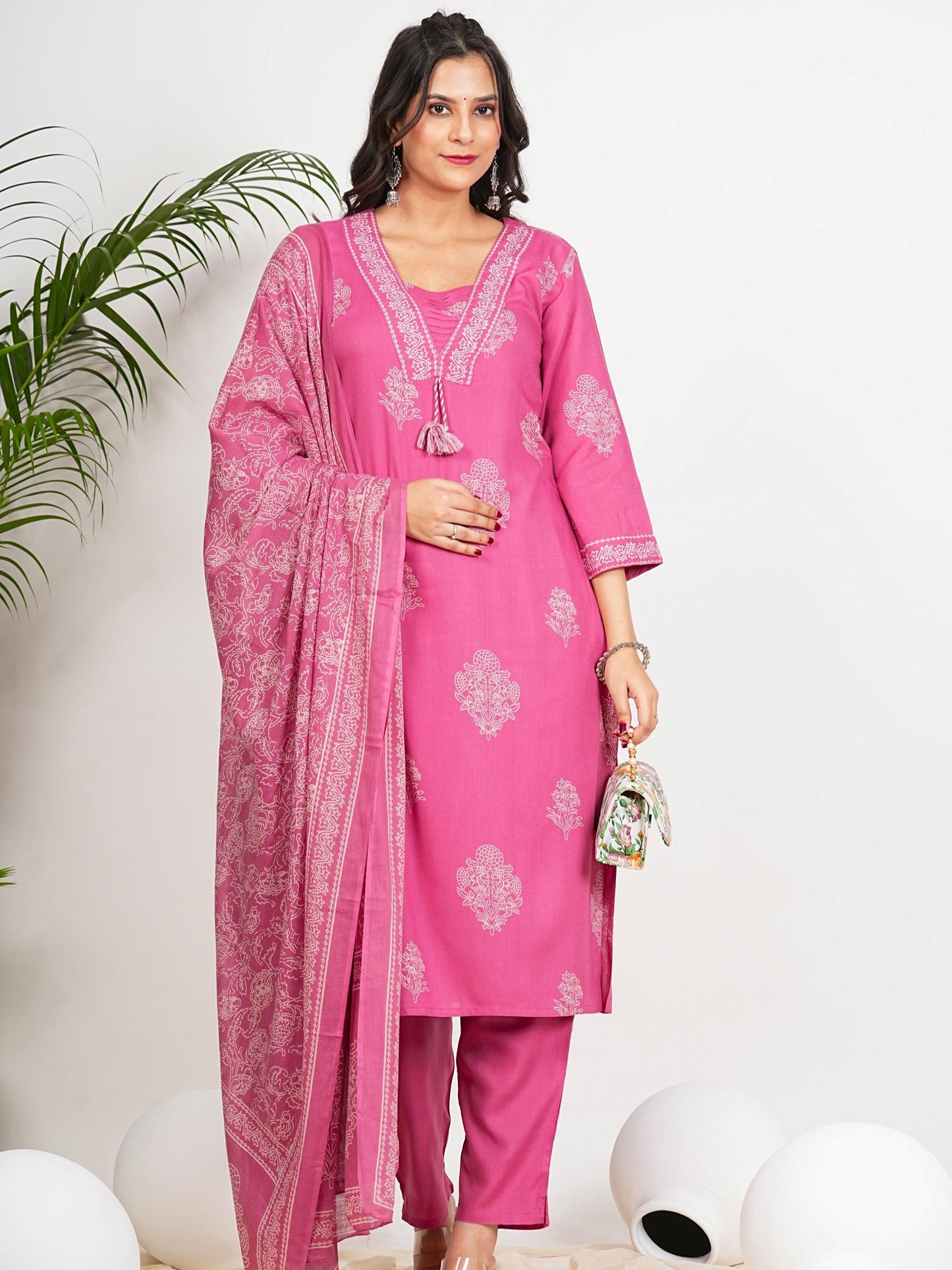 Pink Floral Print Straight Cotton Stitched Kurta Set