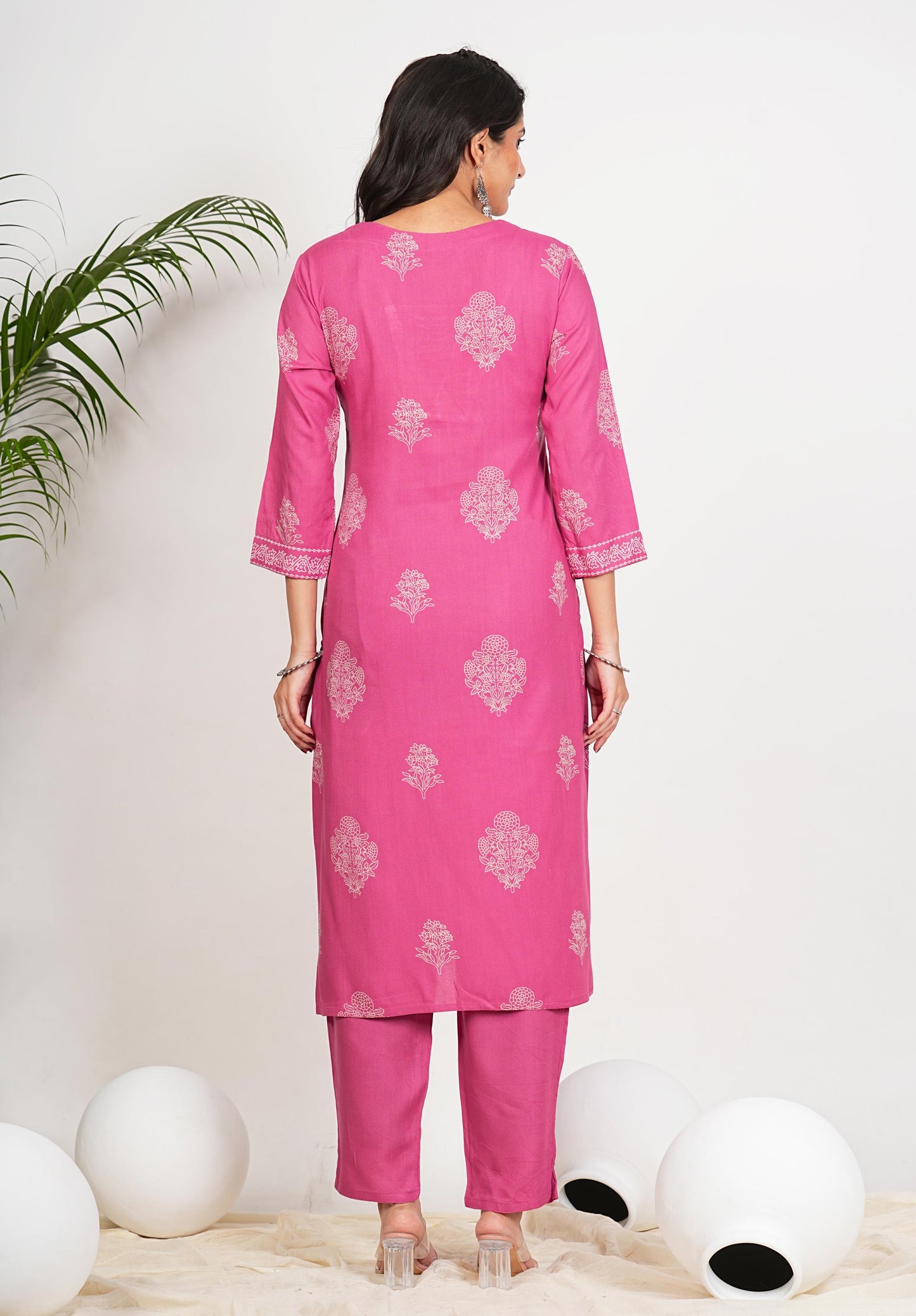 Pink Floral Print Straight Cotton Stitched Kurta Set