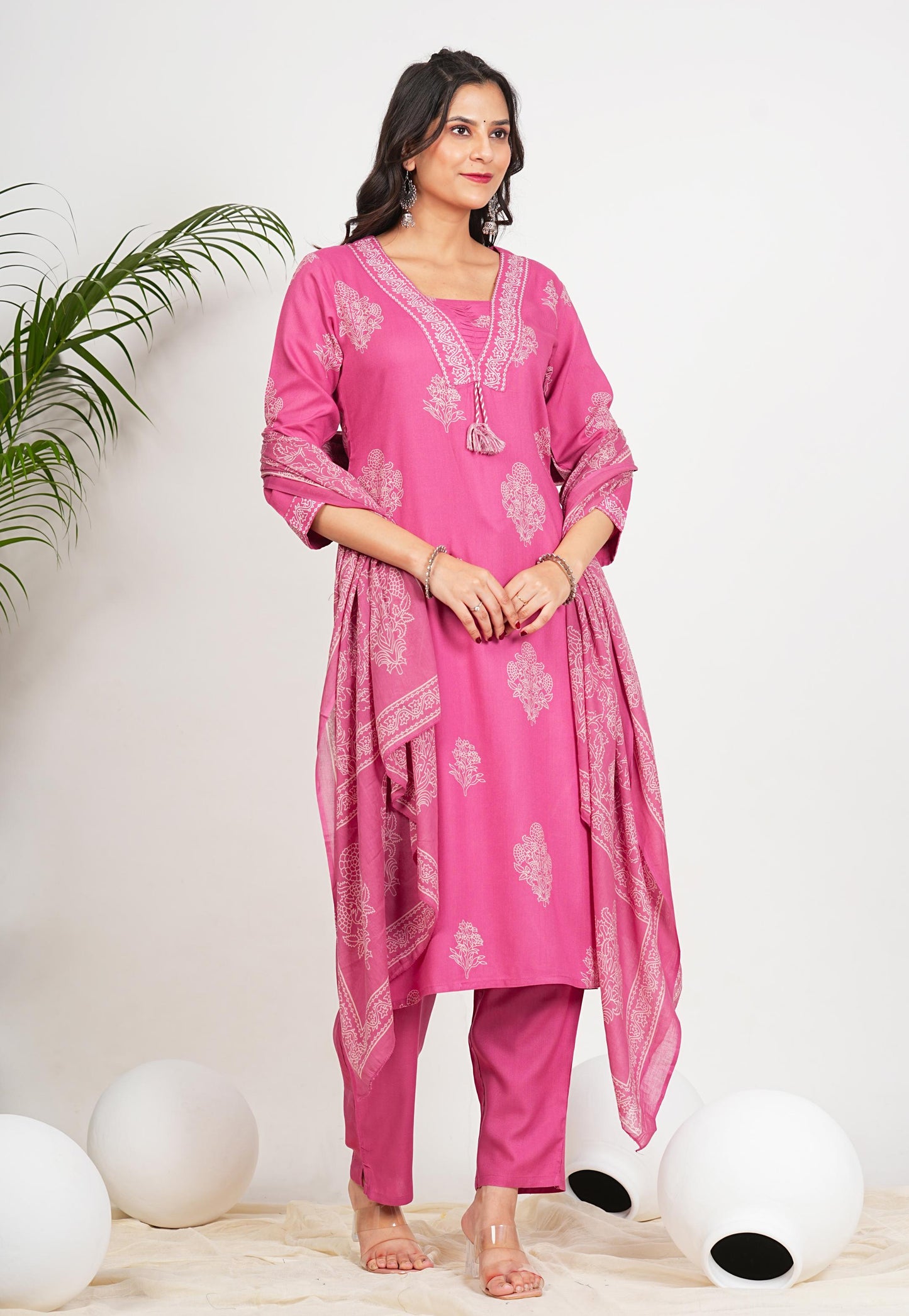 Pink Floral Print Straight Cotton Stitched Kurta Set