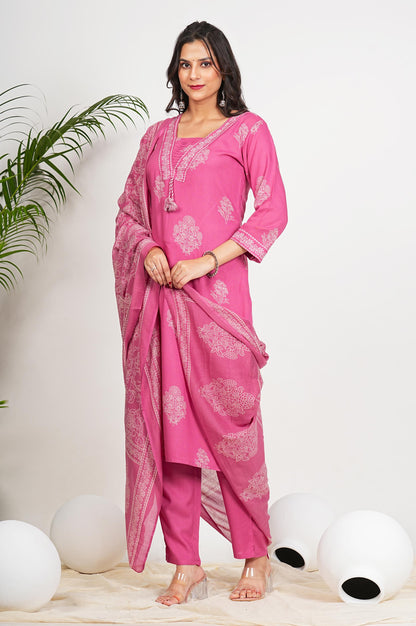 Pink Floral Print Straight Cotton Stitched Kurta Set