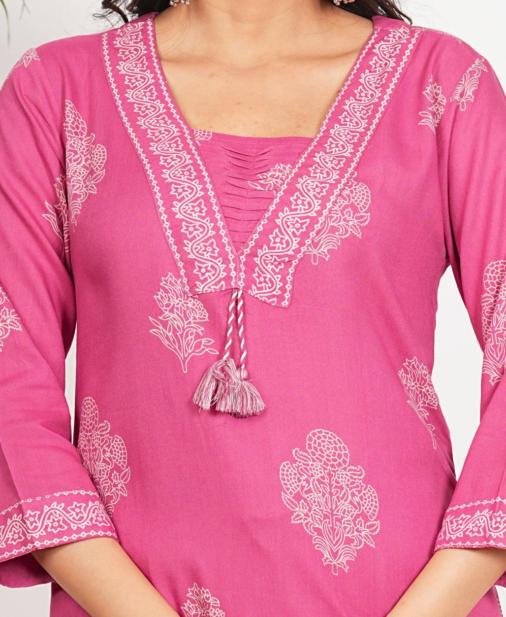 Pink Floral Print Straight Cotton Stitched Kurta Set