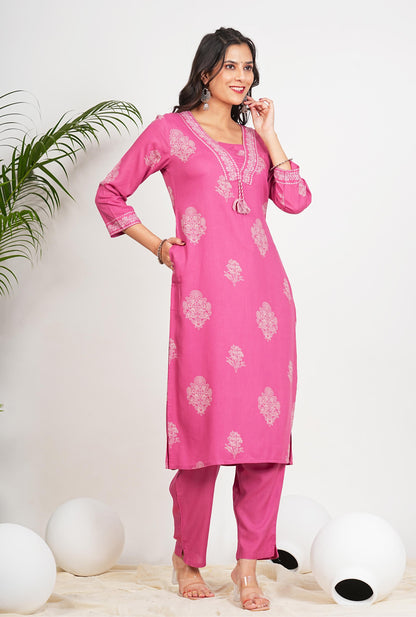 Pink Floral Print Straight Cotton Stitched Kurta Set