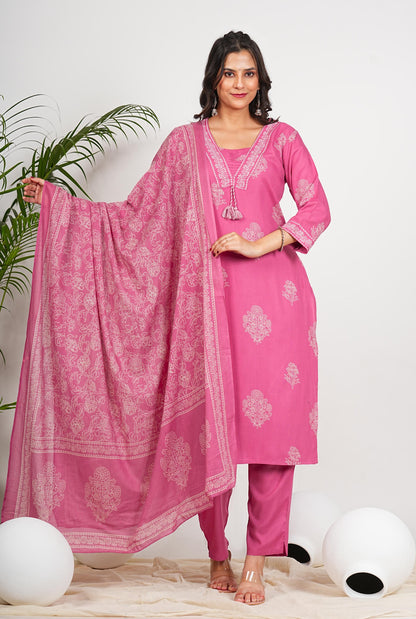 Pink Floral Print Straight Cotton Stitched Kurta Set