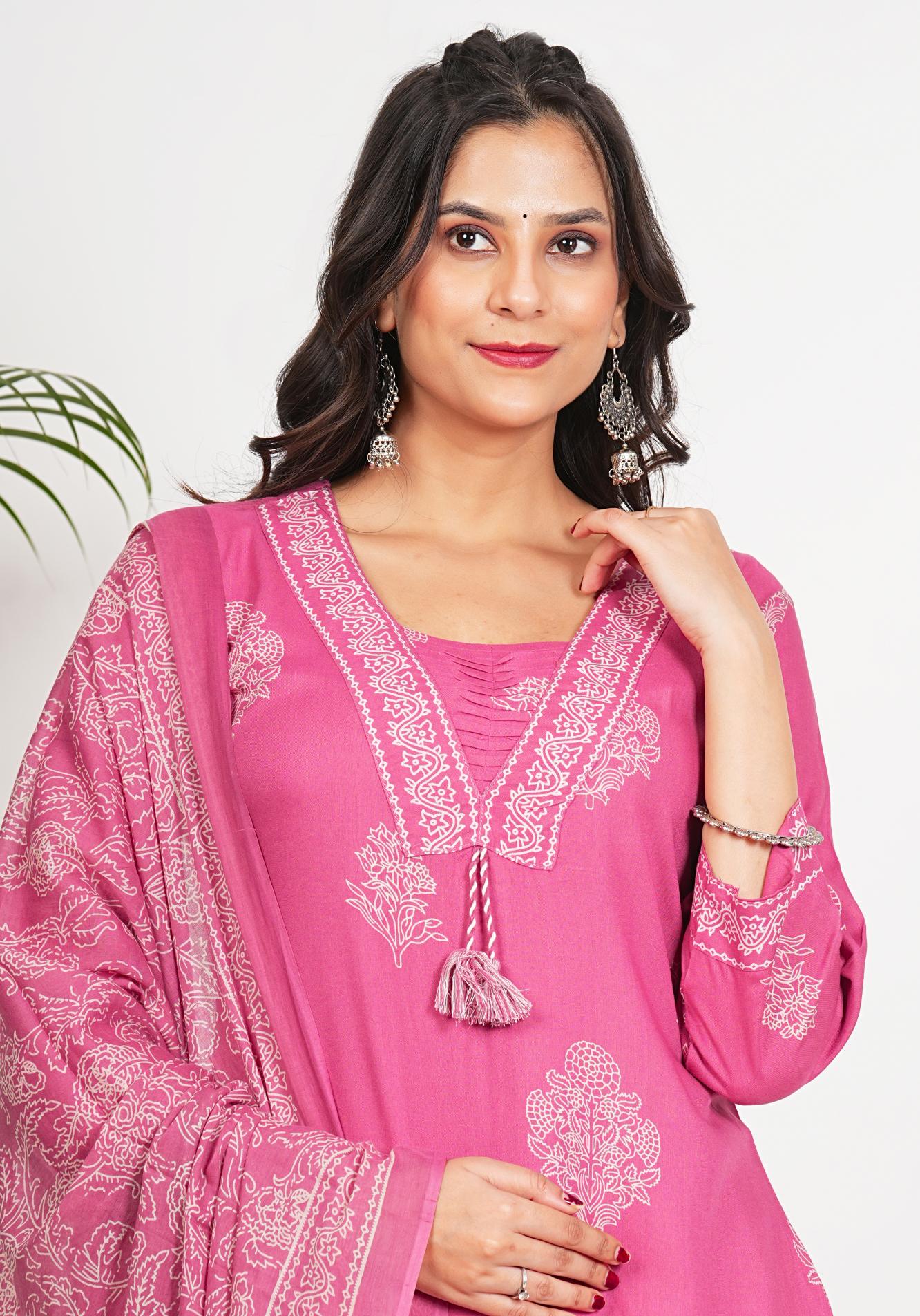 Pink Floral Print Straight Cotton Stitched Kurta Set