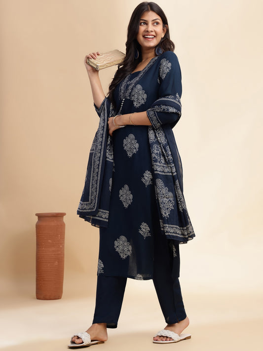 Royal Blue Floral Print Straight Cotton Stitched Kurta Set