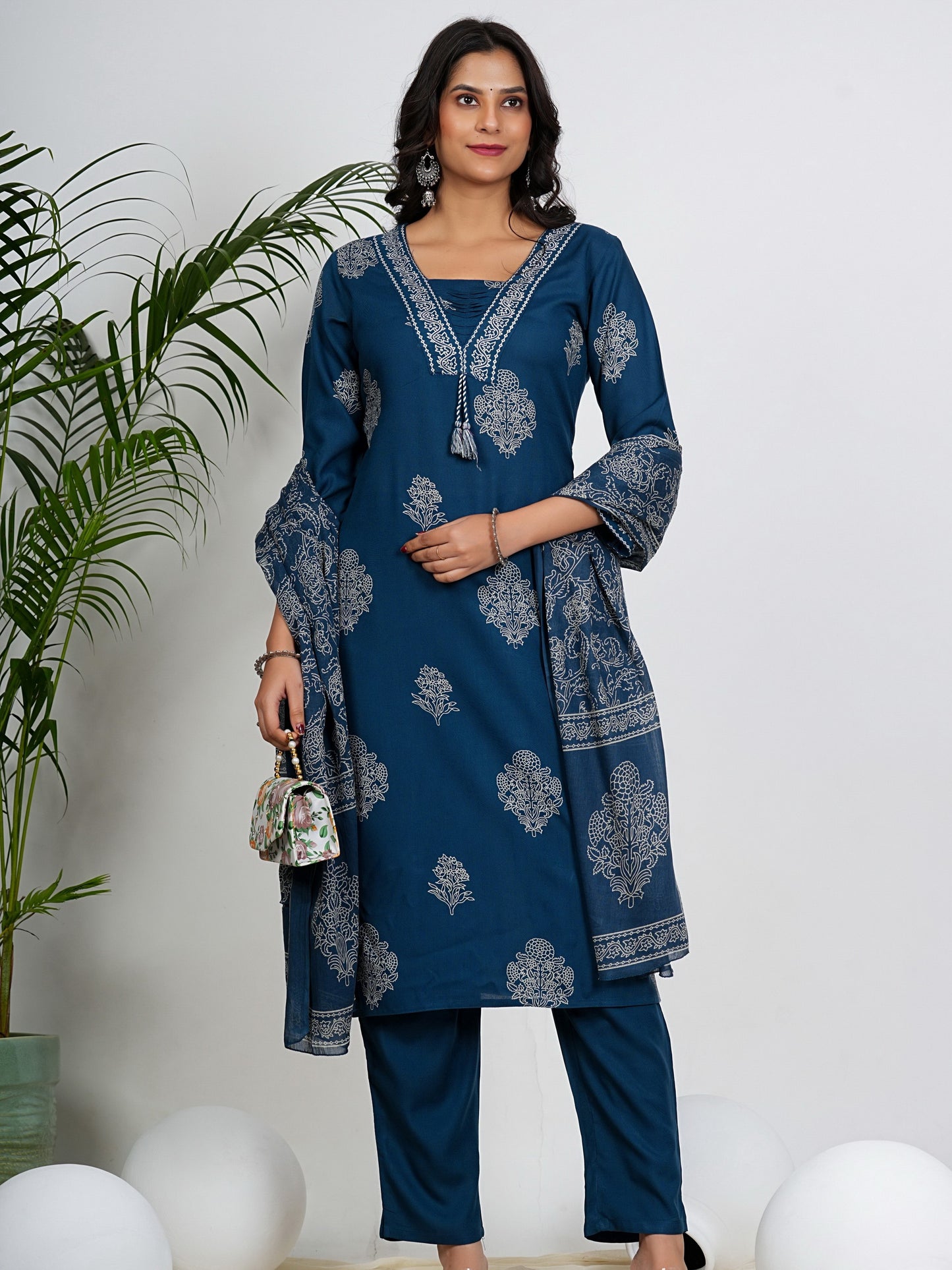 Royal Blue Floral Print Straight Cotton Stitched Kurta Set