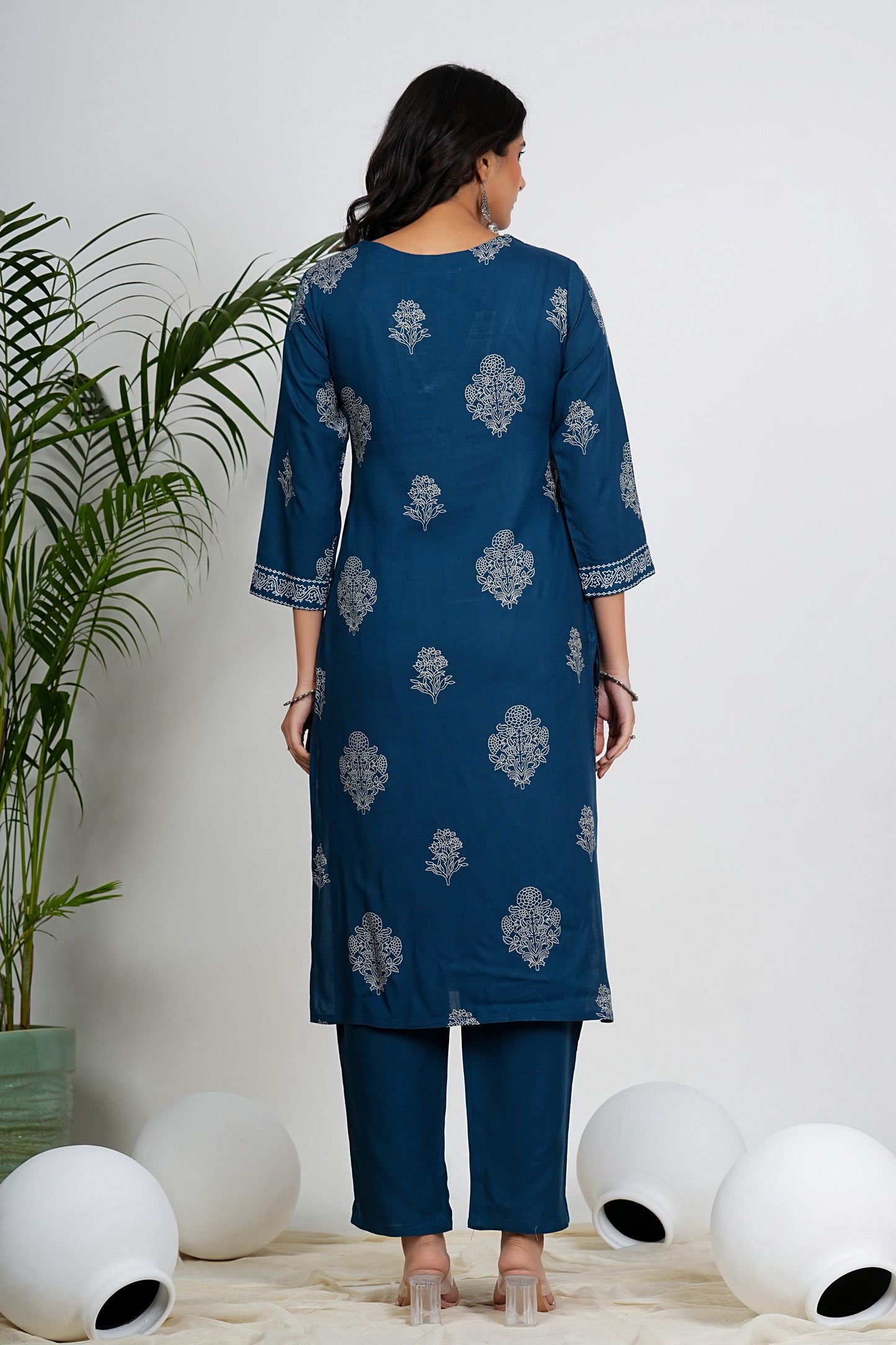 Royal Blue Floral Print Straight Cotton Stitched Kurta Set