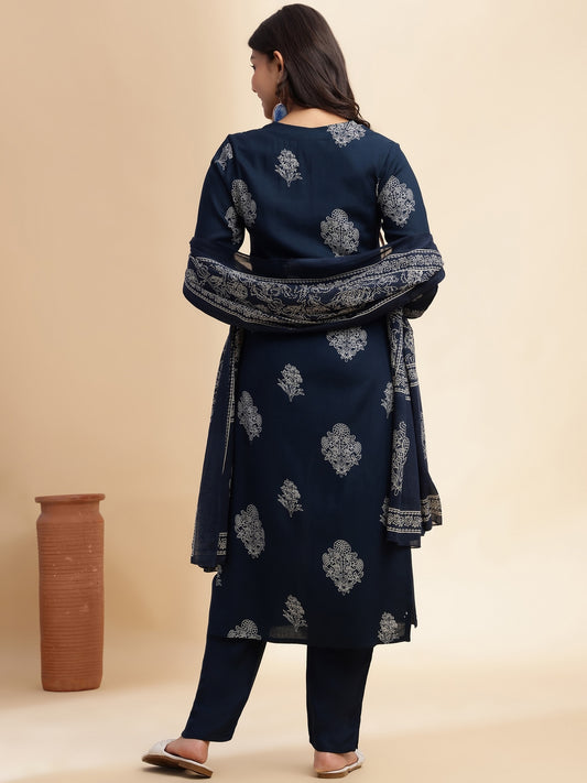 Royal Blue Floral Print Straight Cotton Stitched Kurta Set