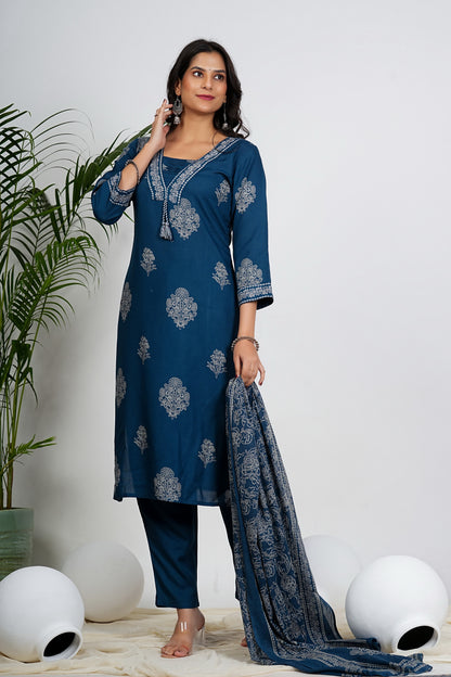 Royal Blue Floral Print Straight Cotton Stitched Kurta Set