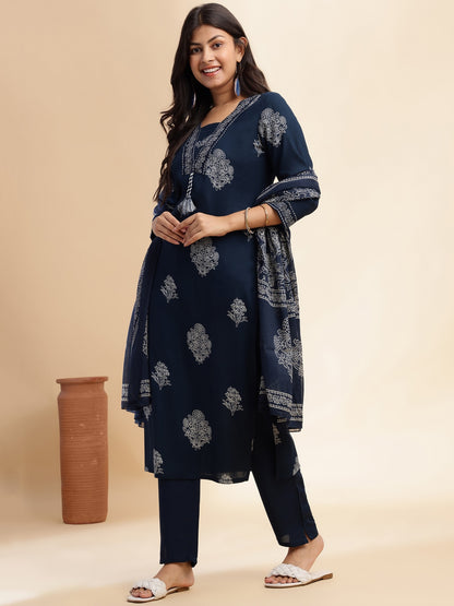 Royal Blue Floral Print Straight Cotton Stitched Kurta Set
