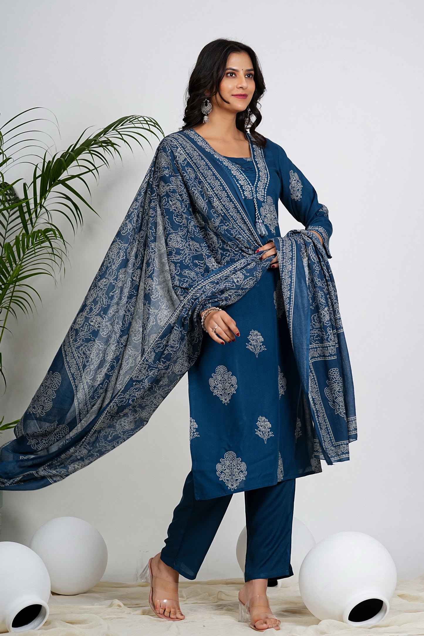 Royal Blue Floral Print Straight Cotton Stitched Kurta Set