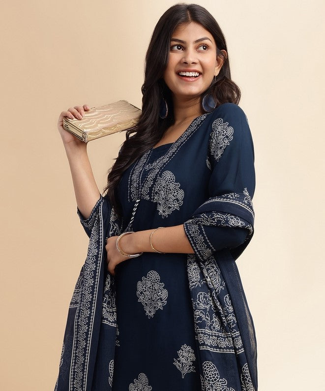 Royal Blue Floral Print Straight Cotton Stitched Kurta Set
