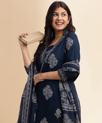 Royal Blue Floral Print Straight Cotton Stitched Kurta Set