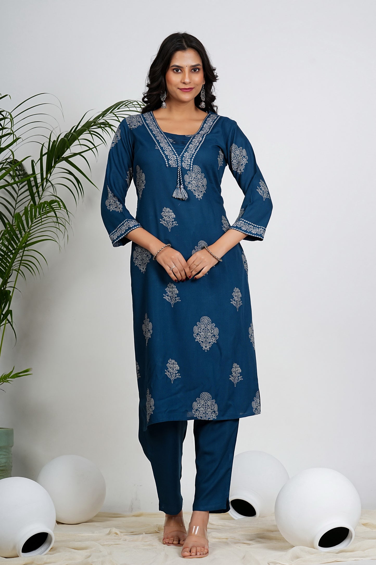 Royal Blue Floral Print Straight Cotton Stitched Kurta Set