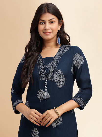 Royal Blue Floral Print Straight Cotton Stitched Kurta Set