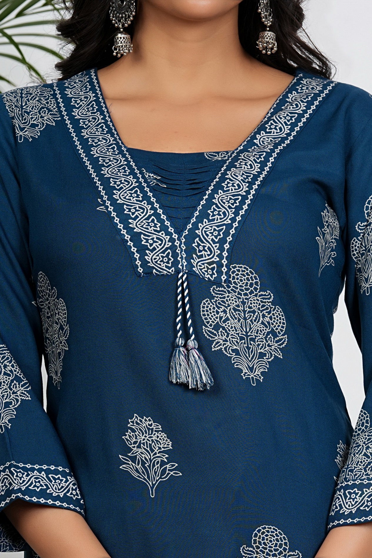 Royal Blue Floral Print Straight Cotton Stitched Kurta Set