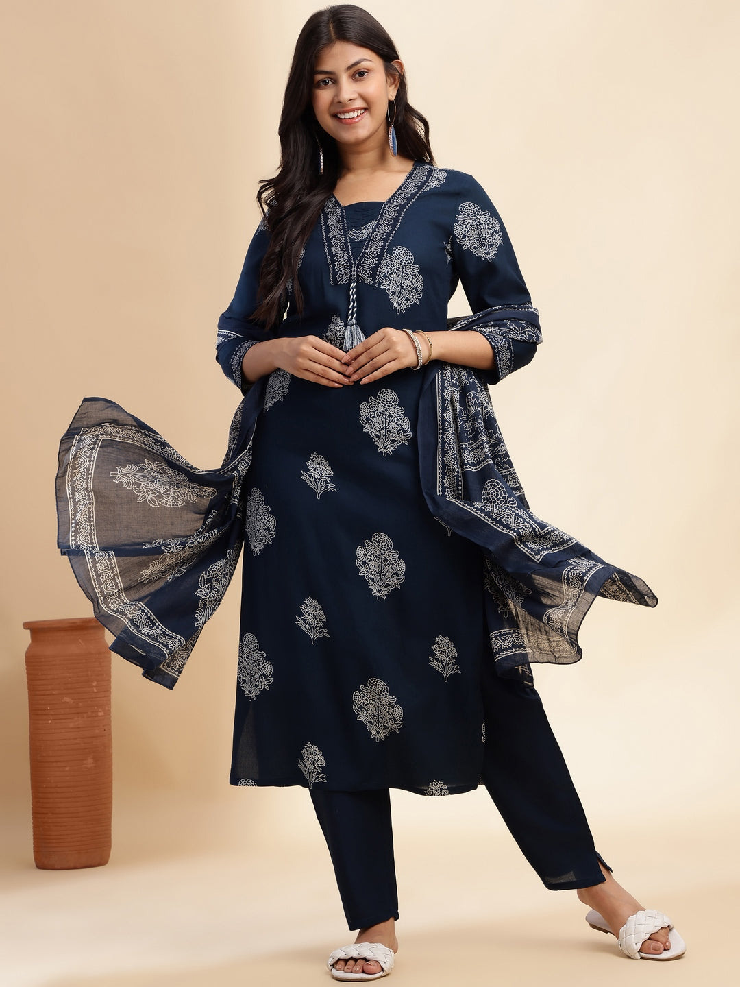 Royal Blue Floral Print Straight Cotton Stitched Kurta Set