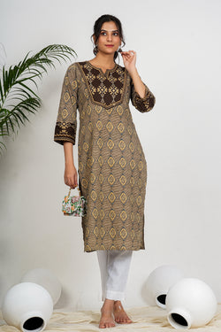 Brown And Beige Checkered Print Straight Cotton Kurta