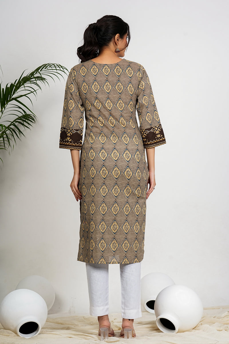 Brown And Beige Checkered Print Straight Cotton Kurta