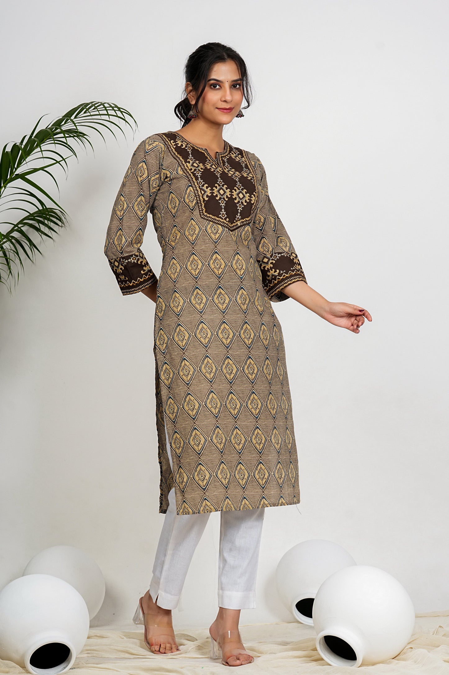 Brown And Beige Checkered Print Straight Cotton Kurta