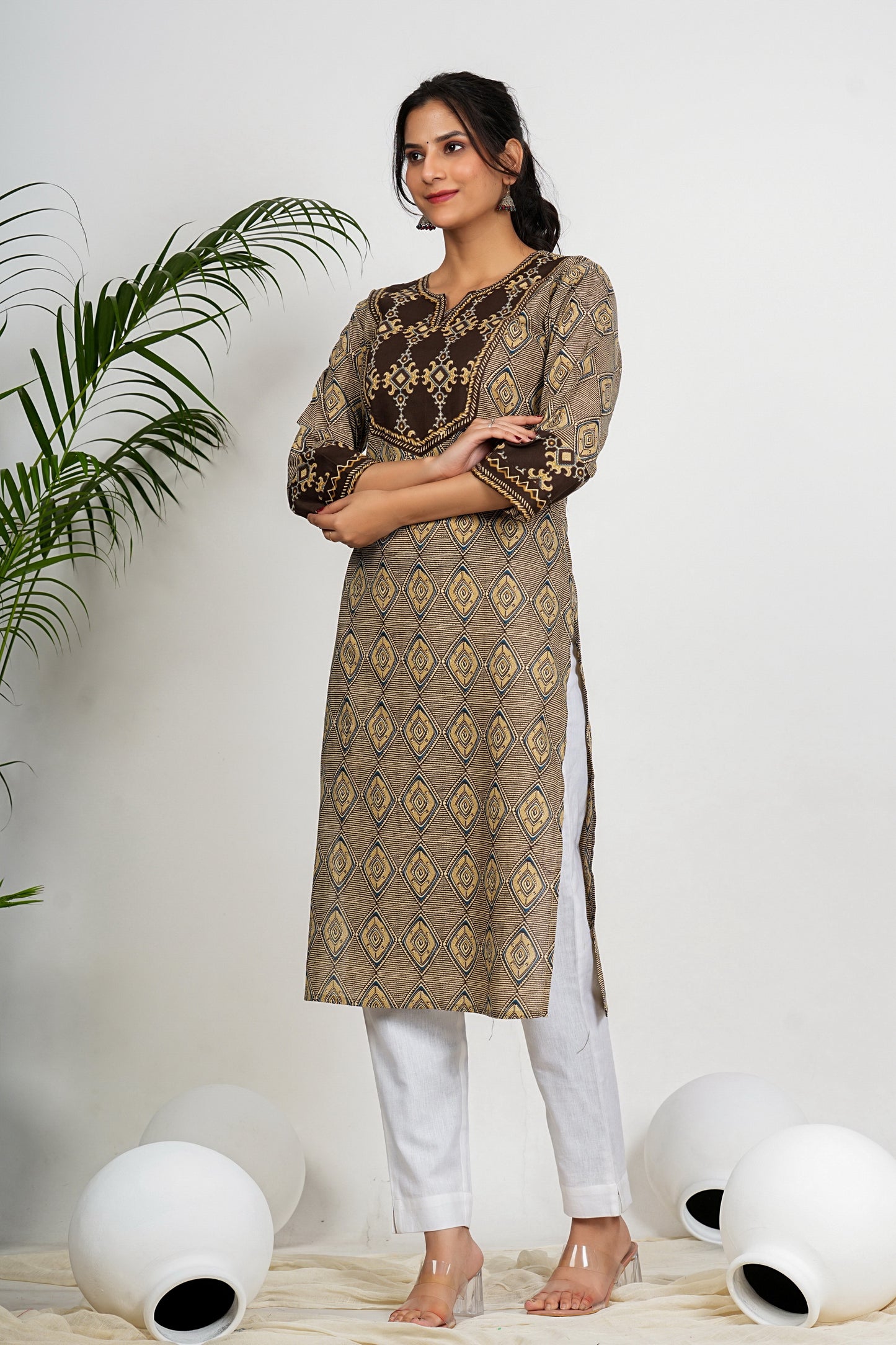 Brown And Beige Checkered Print Straight Cotton Kurta